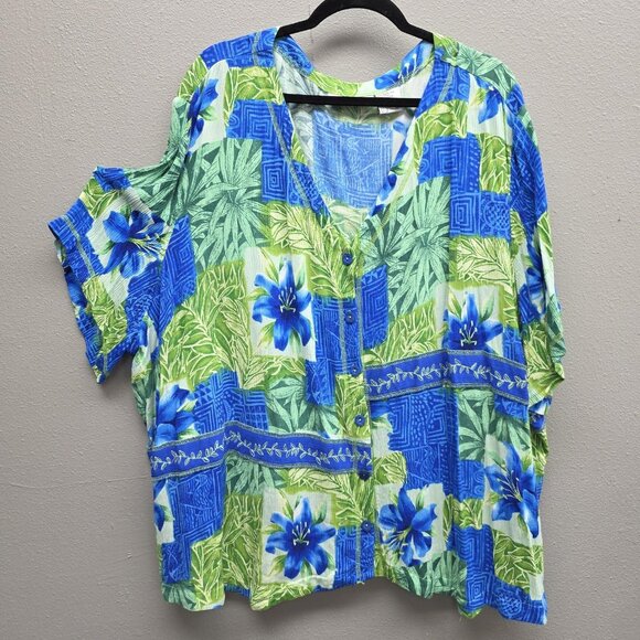 C.M. Shapes Shirt Womens 5X Blue Green Tropical Floral Button Front Short Sleeve - Picture 1 of 9